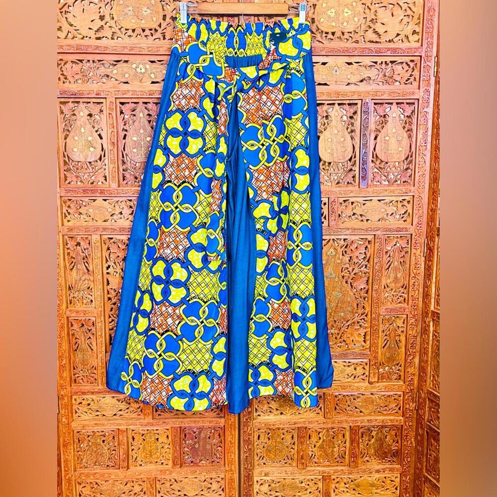 Women’s Ankara African Tribal Print and Denim Palazzo Pants & Head Wrap